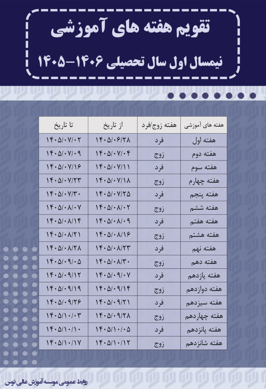 تقویم هفته های آموزشی